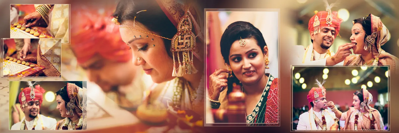 Wedding album spread with the bride in profile wearing a maang tikka, next to a close portrait